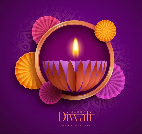 Feliz Diwali Gráfico Papel Projeto Indiano Lâmpada Óleo Diya Com — Vetor de Stock