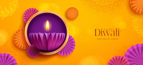 Feliz Diwali Gráfico Papel Diseño Lámpara Aceite Diya India Con — Vector de stock