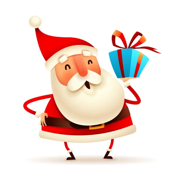 クリスマスキャラクター サンタクロースは白い背景に手にクリスマスギフトボックスを持っています — ストックベクタ