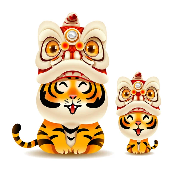 Mignon Tigre Avec Chinois Nouvel Lion Dance Head Isolé — Image vectorielle