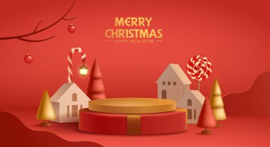Noel kırmızı ve altın temalı ürün arkaplanının Noel şenlik dekorasyonu ve podyumu ile 3D çizimi.