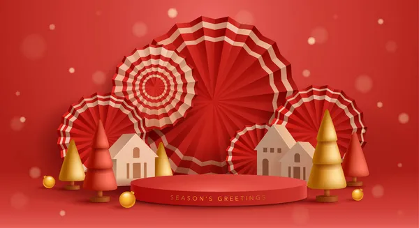 Ilustracja Christmas Czerwony Złoty Motyw Produktu Wyświetlanie Tła Wentylatora Papieru — Wektor stockowy
