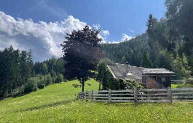 Avustralya 'daki Avustralya Alplerinde bir gölün yanındaki dağlarda bir kulübede.