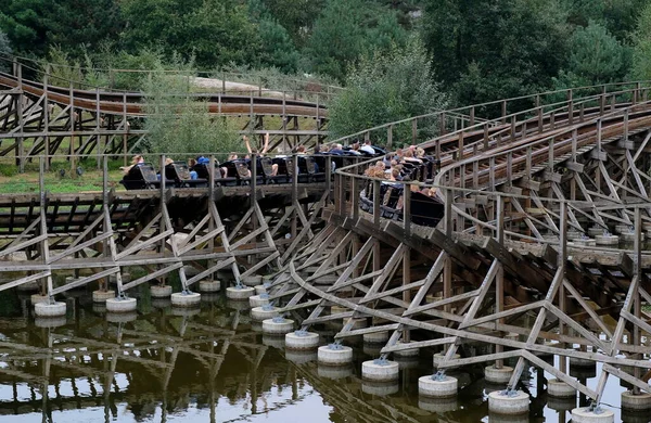 Two Rollercoasters Next Lake Themepark Netherlands — Stock Photo, Image