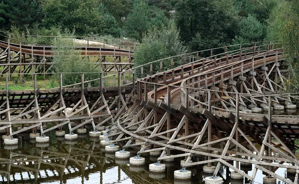 Two Rollercoasters Next Lake Themepark Netherlands — Stock Photo, Image