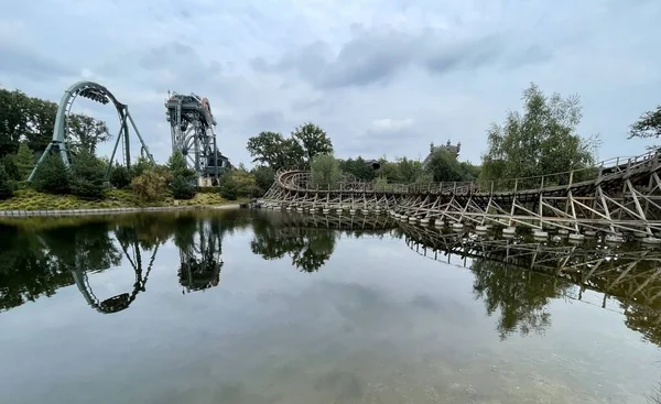 Two Rollercoasters Next Lake Themepark Netherlands — Stock Photo, Image