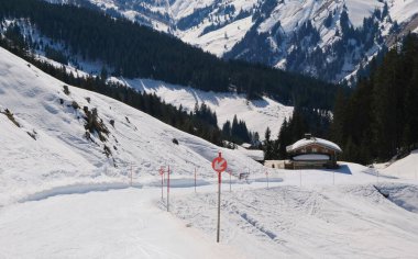 Hochkonig Avustralya 'da güneşli mavi gökyüzünün altında ağaçlar arasında kayak yamaçları olan karlı dağlar.