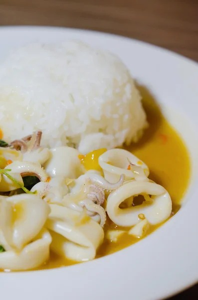 Mexa lulas fritas e arroz — Fotografia de Stock