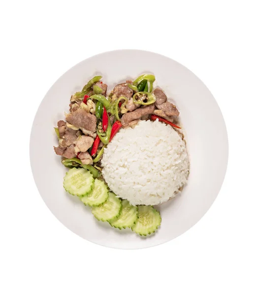 Gebratenes Fleisch Mit Chili Auf Weißem Teller Mit Gedämpftem Reis — Stockfoto