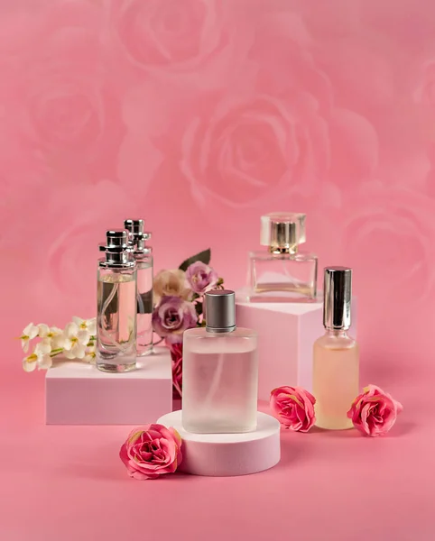 Bottle Perfume Flowers Color Background Stock Photo