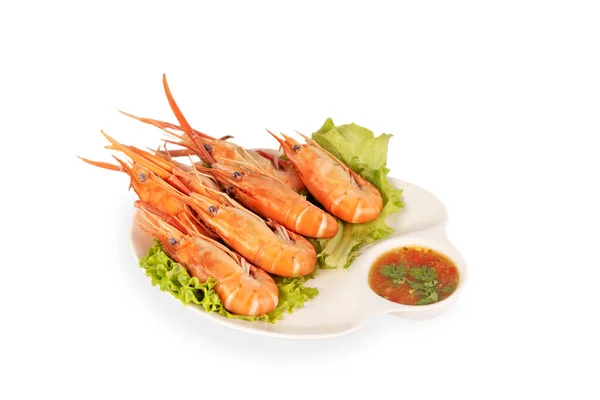 Grilled Shrimp Plate Served Spicy Sauce White Background — Stock Photo, Image