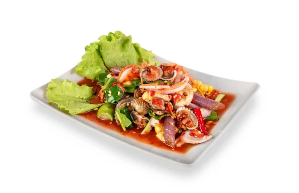 Würziger Meeresfrüchtsalat Auf Teller Vor Weißem Hintergrund Asiatische Küche — Stockfoto