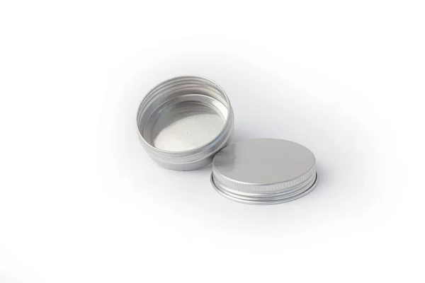 Lege Zilveren Metalen Container Voor Creme Witte Achtergrond — Stockfoto