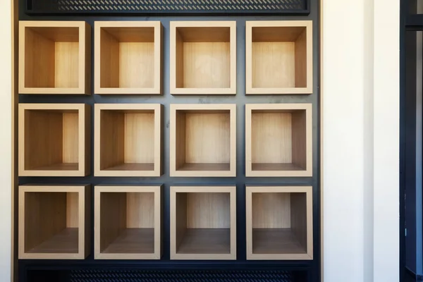 Empty Wooden Shelves Shape Cubes Wall — Stock Photo, Image