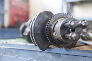 crankshaft engine part, close up, copy space