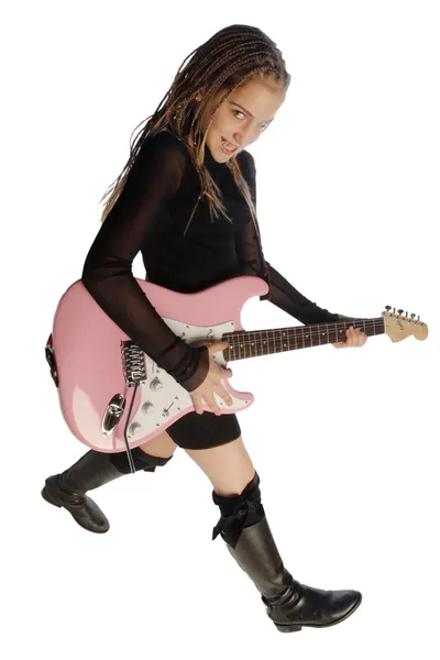 エレク トリック ギターとジャンプ 10 代の少女 — ストック写真