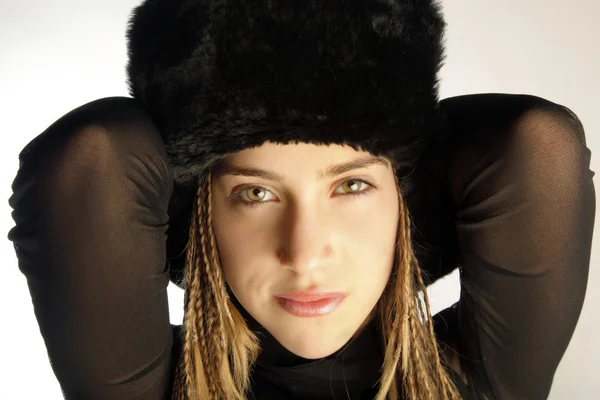 Smiling Beautiful Woman In Black Fur Hat — Stock Photo, Image