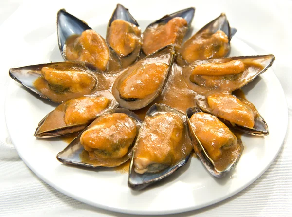 Gedämpfte Miesmuscheln in cremigen Tomaten — Stockfoto