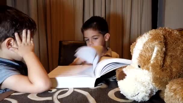 Cute Child Boy Reading Book His Brother High Quality Fullhd — Vídeo de Stock