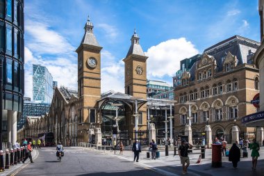 London, UK, July 2022, view of outside Liverpool Street Station on a summer day