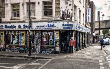 London, UK, July 2022, view of a leather shop in Brick Lane