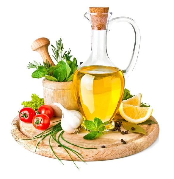 Spice and herbs with olive oil — Stock Photo, Image