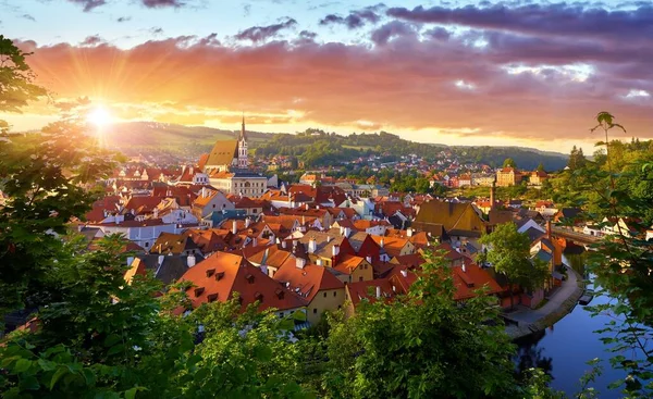 Czechy Krumlov Czechy Widok Stare Europejskie Miasto Rzekę Wełtawę Panorama — Zdjęcie stockowe