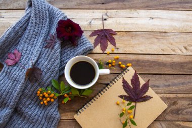 Not defteri planlayıcısı, sonbahar aylarında akçaağaç yaprağıyla sıcak kahve espresso düzleştirilmiş arka plan tahtasına kartpostal tarzı serilmiş.