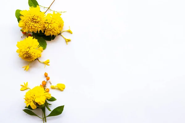 Yellow Flowers Marigold Flora Asia Arrangement Flat Lay Postcard Style Stock Photo