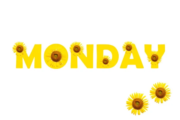 Monday Message Card Yellow Flowers Sunflowers Arrangement Flat Lay Postcard — Stock Photo, Image