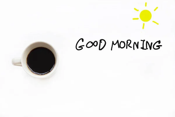 Good Morning Message Card Handwriting Hot Coffee Espresso Arrangement Flat — Stock Photo, Image