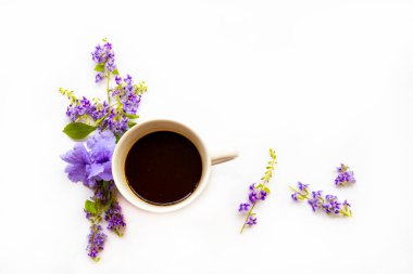 Mor çiçekli sıcak kahve espresso. Arka planda beyaz kartpostal düzenleme.