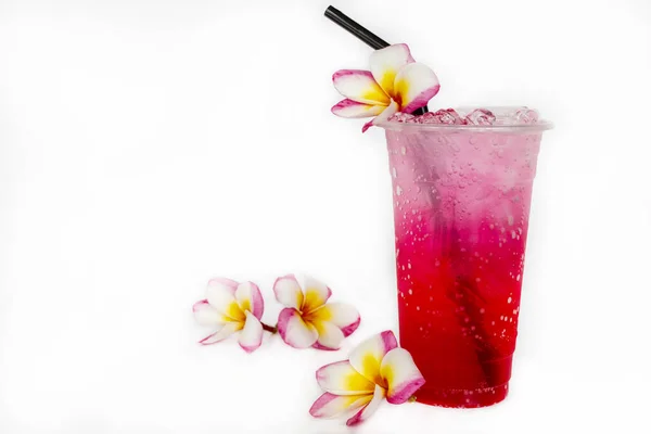 Cold Red Soda Cocktail Water Relax Summer Flowers Frangipani Arrangement — Stock Photo, Image