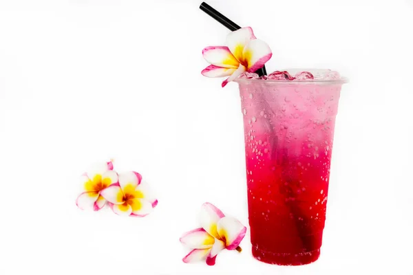 Cold Red Soda Cocktail Water Relax Summer Flowers Frangipani Arrangement — Stock Photo, Image