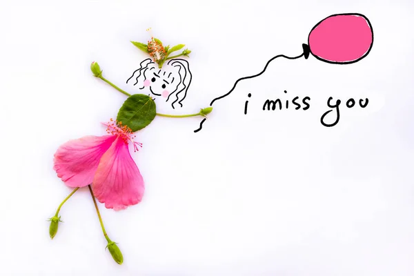 Miss You Message Card Handwriting Petals Flowers Hibiscus Arrangement Girl — Stock fotografie