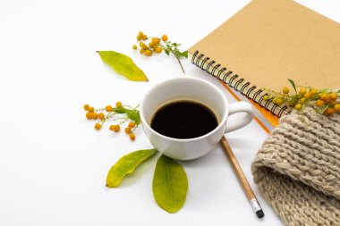 Not defteri planlayıcısı, hayat tarzı kadın düzenlemelerinin yün atkısını ören sıcak kahve espresso arka plan beyaz üzerine düz kartpostal tarzı.