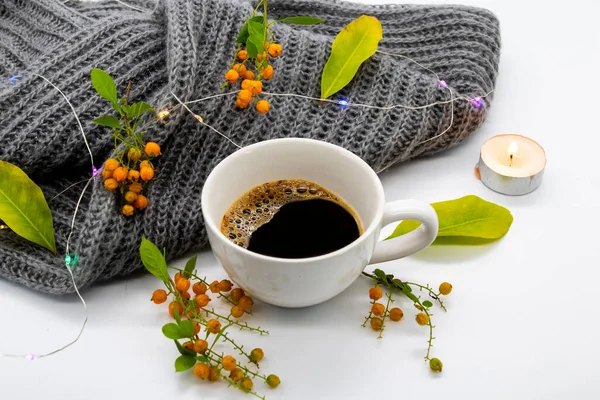 Hot Coffee Espresso Knitting Scarf Arrangement Flat Lay Postcard Style — Stock Photo, Image
