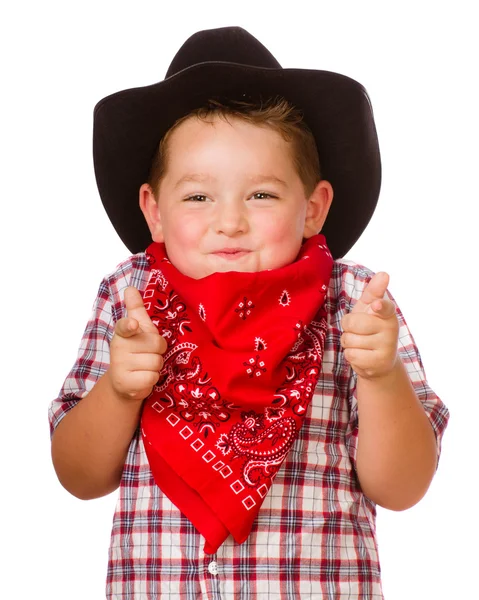 Niño disfrazado de vaquero jugando aislado en blanco — Foto de Stock