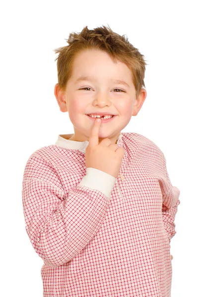 Παιδί που δείχνει στα ανοικτά του απολεσθείς δόντια απομονώνονται σε λευκό — Φωτογραφία Αρχείου