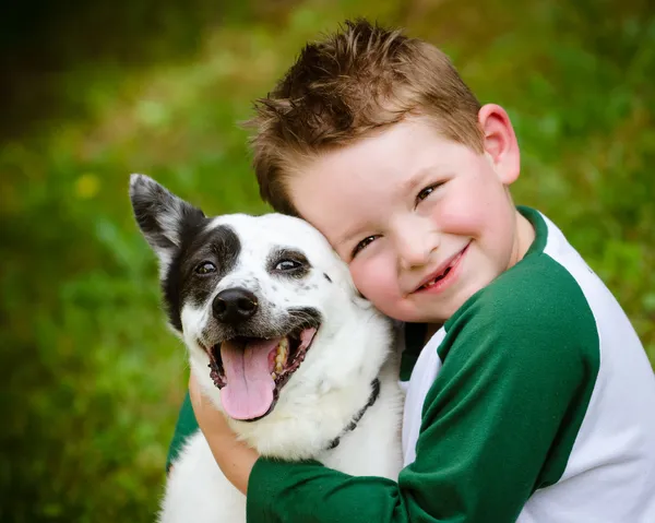 Niño cariñosamente abraza a su perro mascota — Foto de Stock