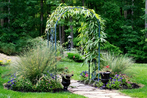 Garden arbor leading to forest path — Stock Photo, Image