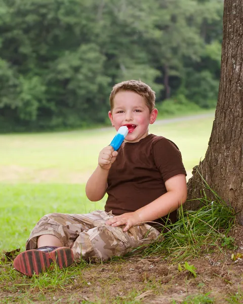 儿童吃冰激凌对待户外在炎热的夏天一天 — 图库照片