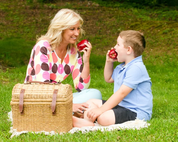 Mor och son njuter picknick utomhus på park — Stockfoto