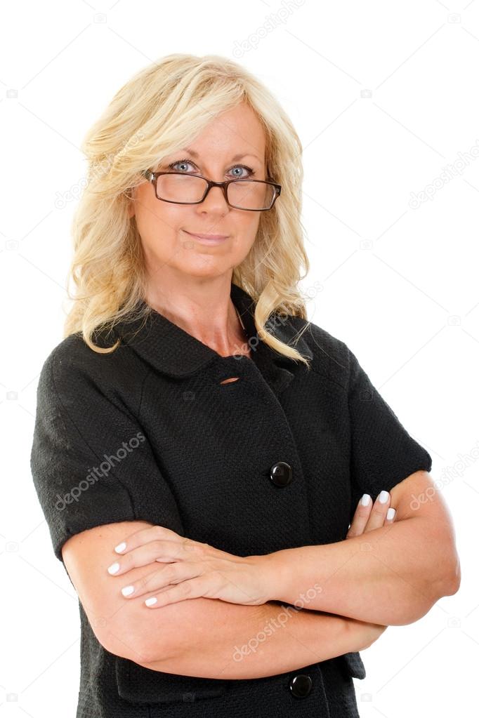 Portrait of serious middle aged woman in business attire isolated on white  Stock Photo by ©RobHainer 29006789