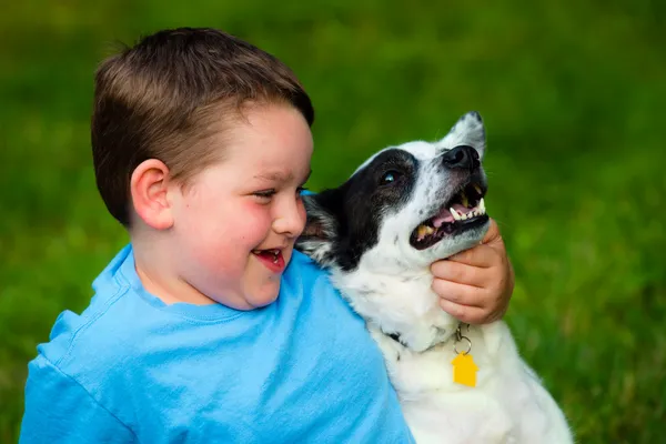 Kind omarmt liefdevol zijn huisdier hond Stockafbeelding