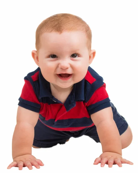 Retrato de feliz sorrindo menino rastejando isolado no branco — Fotografia de Stock