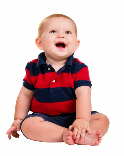 Portret van gelukkig glimlachende babyjongen geïsoleerd op wit — Stockfoto