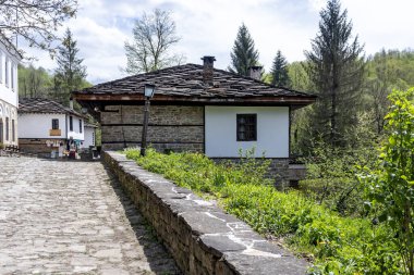 BOZHENTSI, BULGARIA - 3 Mayıs 2021: Bulgaristan 'ın tarihi Bozhentsi köyündeki tipik sokak ve eski evler