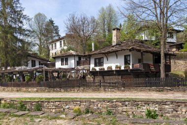 BOZHENTSI, BULGARIA - 3 Mayıs 2021: Bulgaristan 'ın tarihi Bozhentsi köyündeki tipik sokak ve eski evler