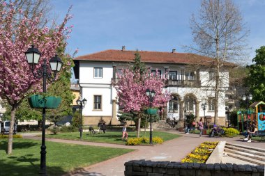 TRYAVNA, BULGARIA - 1 Mayıs 2021: Bulgaristan 'ın eski Tryavna kentindeki Tipik sokak ve Ninetenth Century Evleri